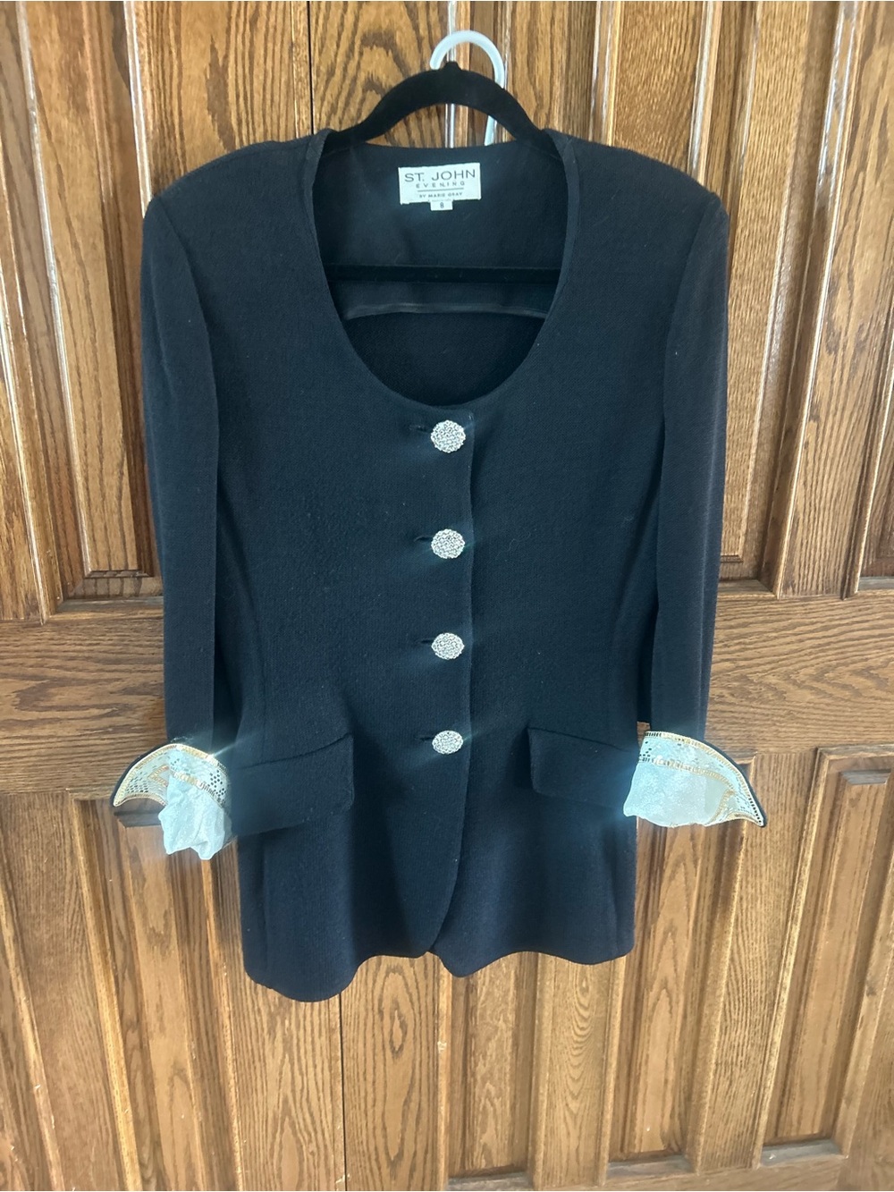 St. John Black Knit Jacket with Crystal Buttons and Embellished Cuffs